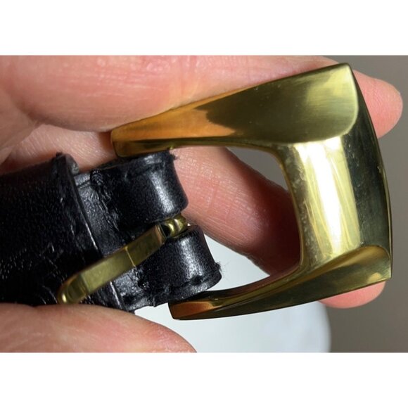 1990 Liz Claiborne Belt Black Leather Brass Buckle 1" Preppy Career Women L - Picture 3 of 9